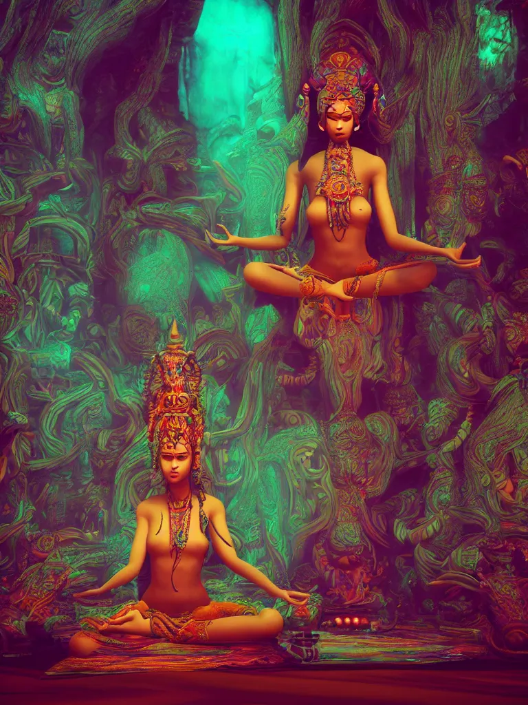 Image similar to a centered render of an alluring tribal goddess meditating in a mystical psychedelic temple, full body, gorgeous face, perfect face, powerful, by viktoria gavrilenko, 3 d, trending on artstation, octane render, 8 k