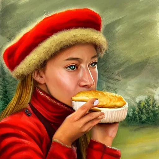 Image similar to high detail portrait oil painting illustration of beatiful girl as soviet red army soldier eating hot baked bun by justin sweet with face and body clearly visible, in a scenic background, pupils visible, realistic proportions, d & d, rpg, forgotten realms, artstation trending, high quality, sombre mood, artstation trending, muted colours, entire person visible!