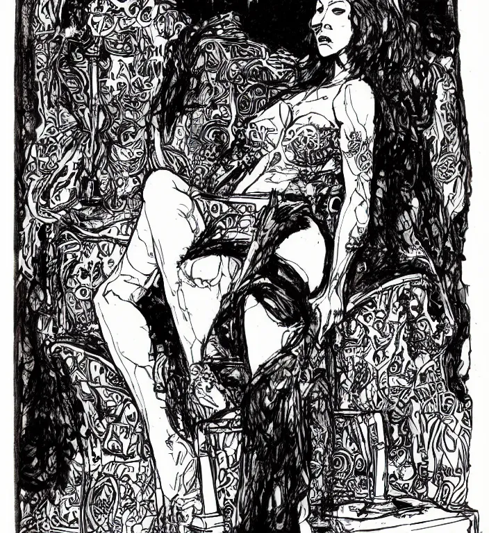 Image similar to salome full figure sitting on throne sketchbook ink drawing by james jean very detailed high contrast