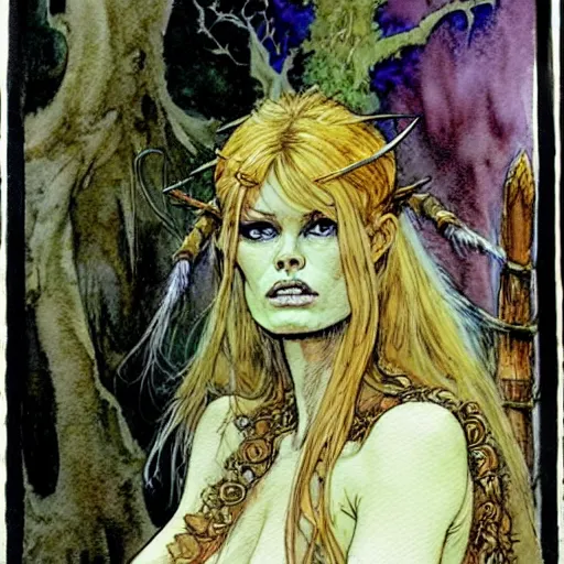 Image similar to a realistic and atmospheric watercolour fantasy character concept art portrait of brigitte bardot as a druidic warrior wizard looking at the camera with an intelligent gaze by rebecca guay, michael kaluta, charles vess and jean moebius giraud