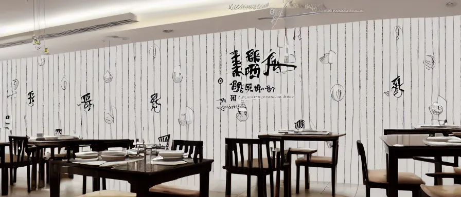 Prompt: a beautiful simple interior 4 k hd wallpaper illustration of small roasted string hotpot restaurant restaurant pagoda hill, wall corner, from china, wallpaper with pagoda and mountain and white tile floor, rectangle white porcelain table, black chair, fine simple delicate structure, chinese style, simple style structure decoration design, victo ngai, 4 k hd