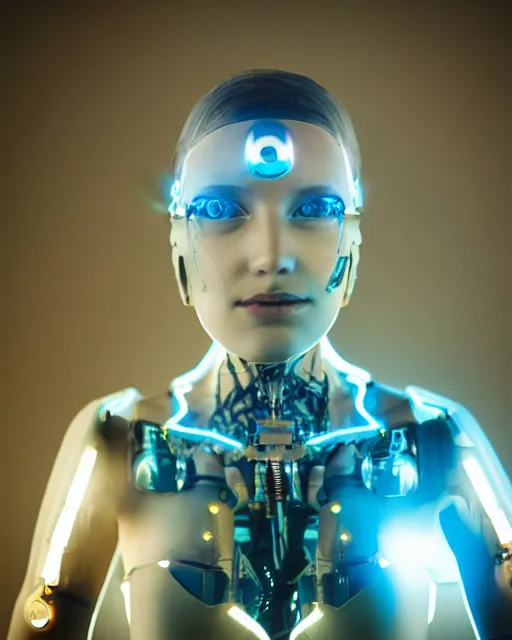Prompt: photo of dreamy female as a solarpunk cyborg with fluorescent lamps around face, robotic body parts around neck and shoulders, real human face with clean skin, ultra - realistic and detailed, long exposure, soft focus hdr 8 k