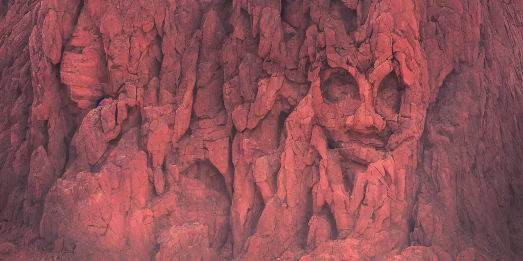 Image similar to an ancient red mountain carved into the face of priestess, sci - fi, landscape, fantasy