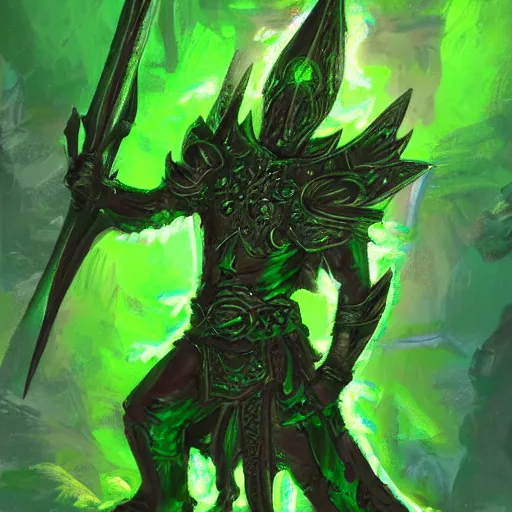 Image similar to Oil painting concept art of a magical acid sword glowing bright green, very intricate hilt, green color scheme, highly detailed concept art.