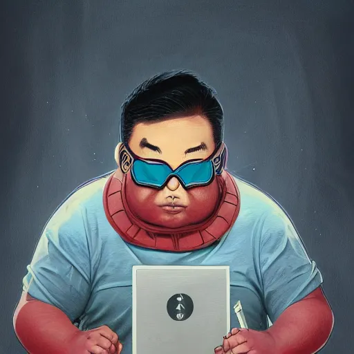 Prompt: an insanely detailed painting of a chubby and nerdy asian man wearing a homemade superhero costume and mask, sitting at a computer desk typing on the keyboard, in the style of peter mohrbacher, dramatic lighting and composition, trending on artstation, concept art, comic book, graphic novel, back view