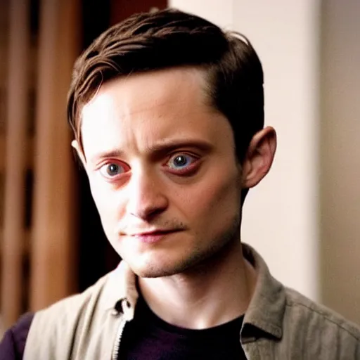 Image similar to a man looking like elijah wood and tobey maguire, starring as harry potter in the next movie of the franchise, highly detailed, high quality