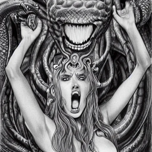 Image similar to pencil drawing of scarlett johansson as medusa wearing snakes in her head in the berserk manga, smiling expression showing fangs, big snakes heads, by kentaro miura