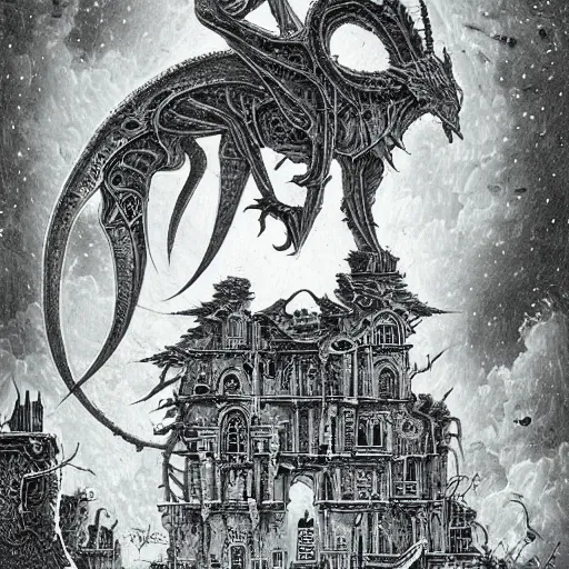 Image similar to a large demon hovering over an abandoned ruin by joe Fenton