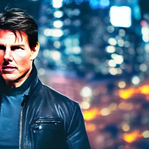 Image similar to a still of Tom Cruise. Shallow depth of field. City at night in background, lights, colors ,studio lighting, mood, 4K. Profession photography