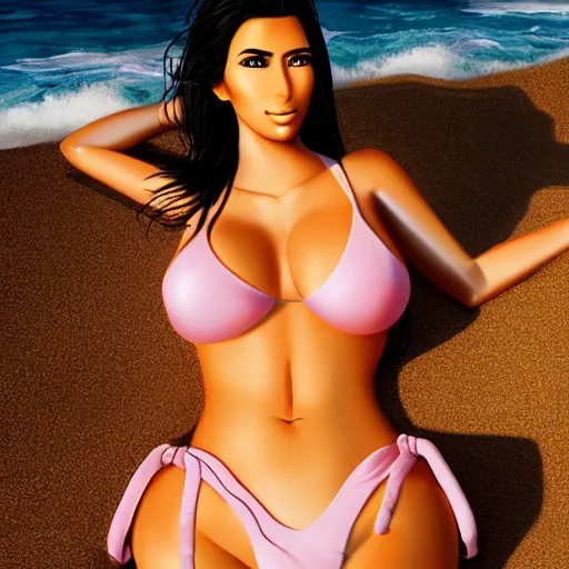 Prompt: anime kim kardashian tanning on a beach in bikini