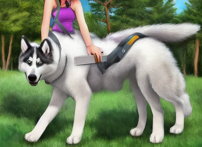 Prompt: A girl riding a giant husky dog in a park, detailed digital art