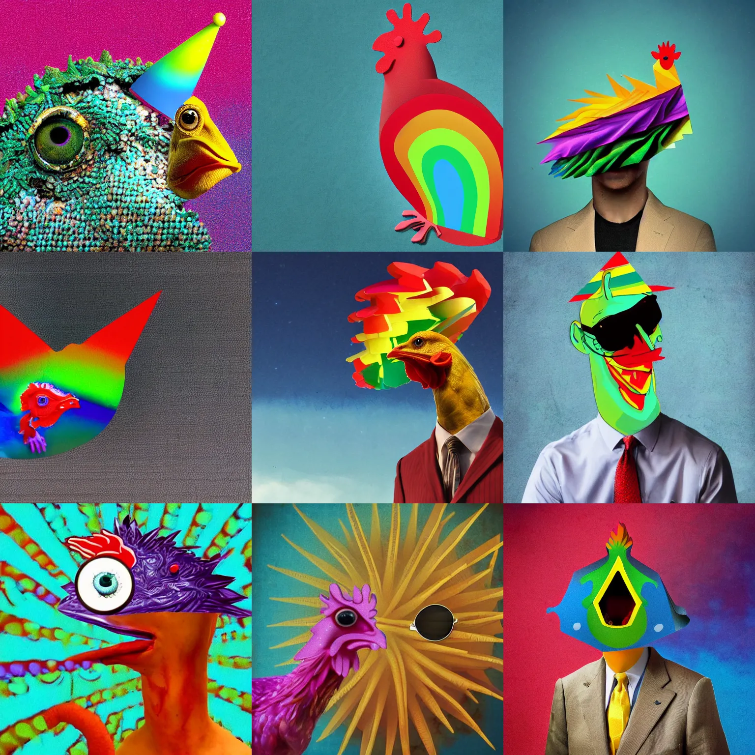 Prompt: surreal meme chicken hope sunglass horse void time frog rainbow meme guy Joe biden intricate cone goblin photoshop nonsense abstract surreal meme