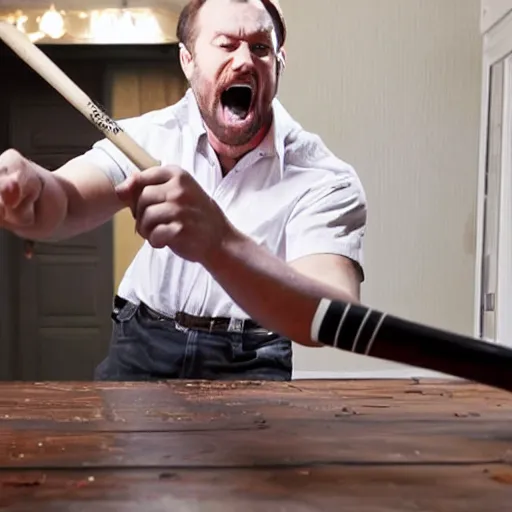 Image similar to an insane man hitting a table with an aluminum baseball bat