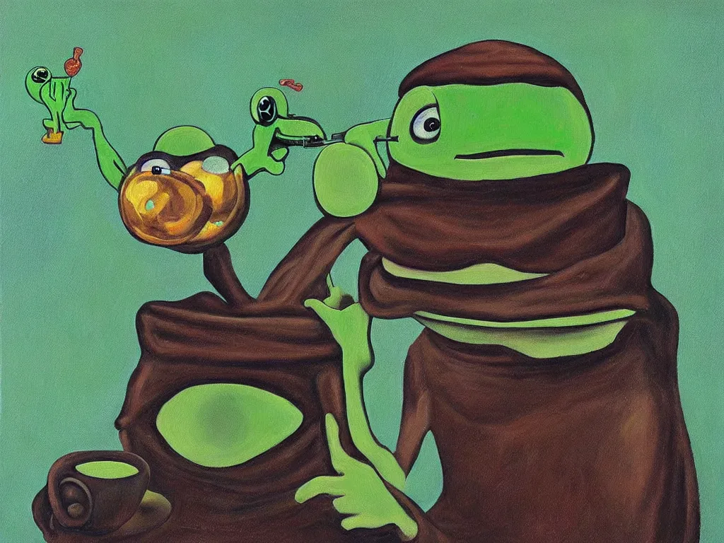 Image similar to portrait of a cyclops pepe! the frog! drinking coffee in the style of dali, oil painting