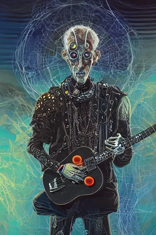 Image similar to portrait of a jewish punk playing an electronic!!-musical-instruments, intricate, stunning, highly detailed, digital painting, artstation, concept art, smooth, sharp, focus, illustration, neural implant designed by michael whelan, inside an a space station recording studio filled with strange surrealist detailed alien electronic and acoustic musical-instruments!! with blinking LEDs and oscilloscopes on screens in detailed alien interiors, backlit fog, designed by Larry Elmore Kerlaft and Pixar, photorealistic, 3d render, award winning render, unreal engine, octane render, studio lighting, 8k, hd