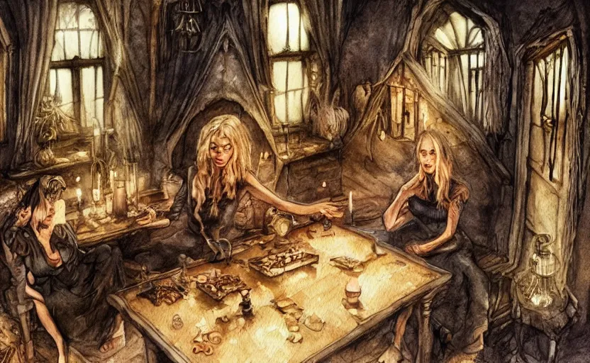 Prompt: women in the interior of a witches magical cottage, Milo Manara, night time, Margot Robbie, Scarlett Johanson, zoey Deschannel, smoking cigarettes, playing board games, highly detailed, pencil and watercolor, Tarantino movie posters, melancholy, level design, concept art, artstation, cgsociety, zenith view