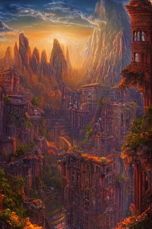 Prompt: beautiful matte painting street art fantasy ruins skyline background painted, intricate, volumetric lighting, beautiful, rich deep colors masterpiece, sharp focus, ultra detailed by alex grey