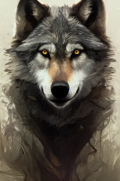 Image similar to portrait of a gray wolf, intricate, elegant, highly detailed, digital painting, artstation, concept art, smooth, sharp focus, illustration, art by Krenz Cushart and Artem Demura and alphonse mucha