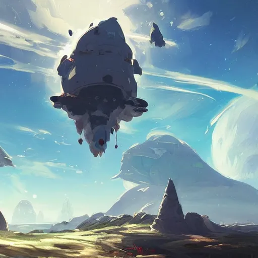 Prompt: landscape painting of a small spaceship crashed into a foreign planet. The spaceship is buried in the ground, smoking. clean sharp digital art, environment concept art, by rossdraws, ghibli, breath of the wild, greg rutkowski