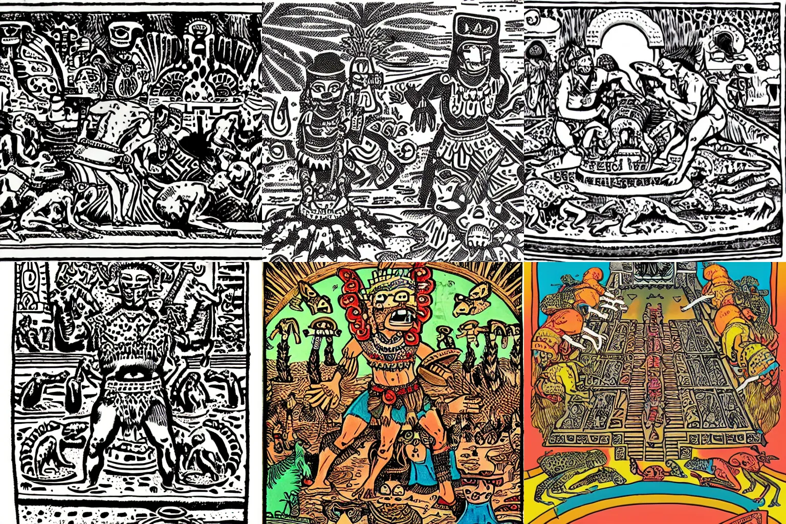 Prompt: Aztec sacrifice with frogs in the style of Robert crumb