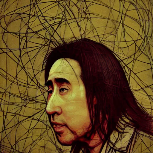 Image similar to yoshitaka amano blurred and dreamy realistic three quarter angle portrait of a nicolas cage, junji ito abstract patterns in the background, satoshi kon anime, noisy film grain effect, highly detailed, renaissance oil painting, weird portrait angle, blurred lost edges
