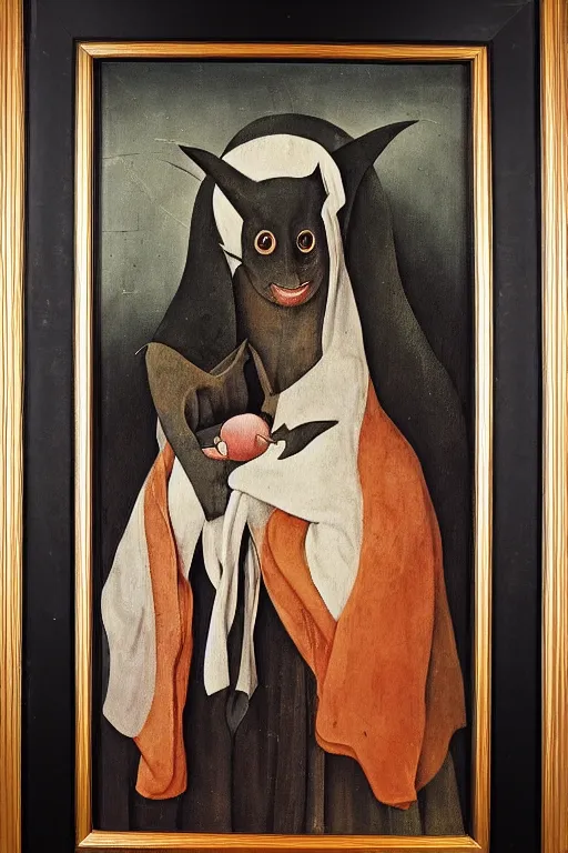 Image similar to silly hieronymus bosch framed oil painting of a bat in fancy felt robes. muted colour palette