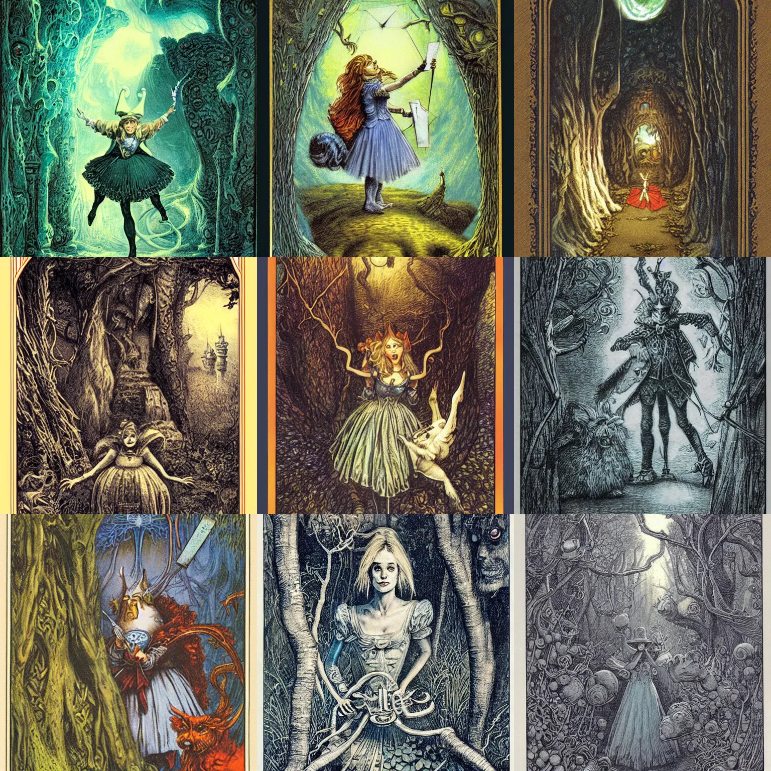 Prompt: Alice in Wonderland tarot full card by Ken Kelly, Gustave Dore, Roy Thomas