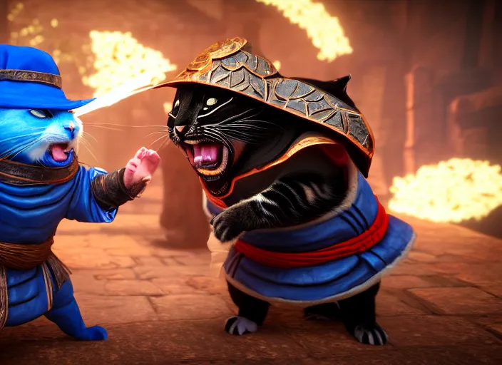 Image similar to hamster dressed as sub zero fights a cat dressed as kung lao in mortal kombat on the background of a laughing shao khan. fantasy magic style. highly detailed 8 k. intricate. lifelike. soft light. sony a 7 r iv 5 5 mm. unreal engine with nanite and path tracing