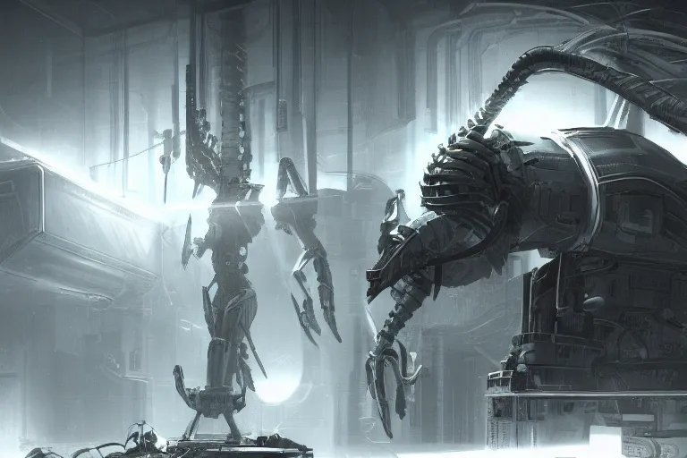 Image similar to parallax datacenter server room single mono colossus white rusty android robosaurus artstation cinematic detailed concept art volumetric light sharp coherent cgsociety symmetric perfect well balanced shadows lotr alien