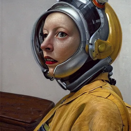 Image similar to high quality high detail painting by lucian freud, hd, woman with scifi suit