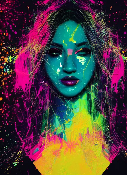 Prompt: maximalist splatter paint of a future woman face as colorful geometric patterns, intricate, volumetric dramatic light, dark black background, sharp focus, highly realistic, octane render