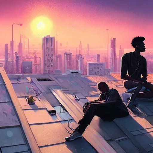 Image similar to highly detailed portrait of a black couple on the rooftop, synthwave city, stephen bliss, unreal engine, fantasy art by greg rutkowski, loish, rhads, ferdinand knab, makoto shinkai and lois van baarle, ilya kuvshinov, rossdraws, tom bagshaw, global illumination, radiant light, detailed and intricate environment