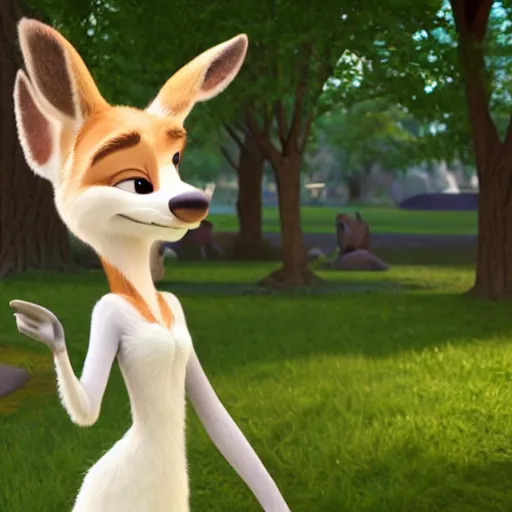 Prompt: portrait, 3 d render, anthropomorphic female deer, wearing along white dress, in the style of zootopia,