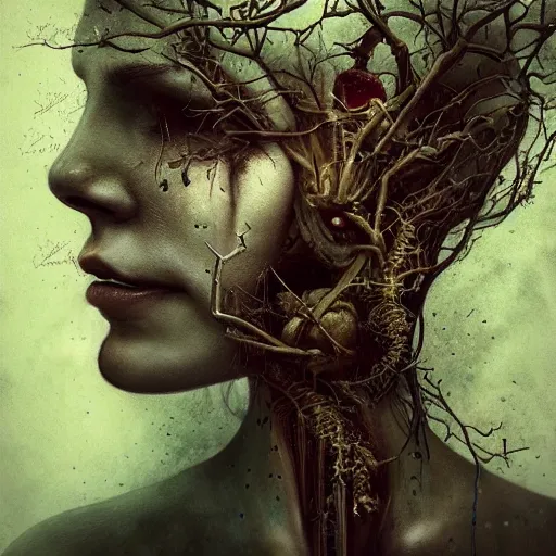 Image similar to Very very very very highly detailed epic portrait of someone with garden inside head by Brooke Shaden, intricate, dystopian, sci-fi, extremely detailed, digital painting, artstation, concept art, smooth, sharp focus, illustration, intimidating lighting, incredible art,