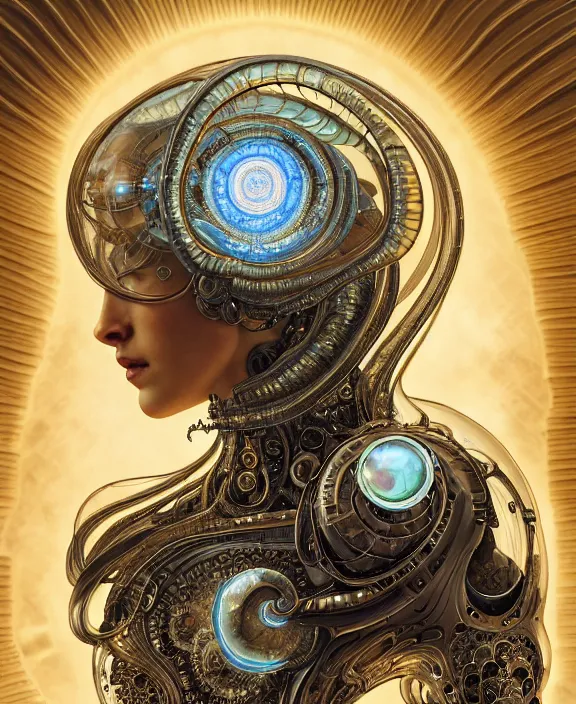 Image similar to intricate ornate opulent transparent clear see - through portrait of a cybernetic beautiful alien nautilus, mottled coloring, adorable, childlike, apocalyptic environment, ultra realistic, concept art, art nouveau, photorealistic, octane render, 8 k, unreal engine. art by christopher marley and artgerm and greg rutkowski and alphonse mucha