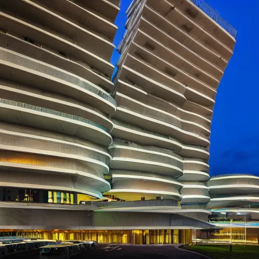 Prompt: a wide shot of a sci - fi beautiful neo - brutalist monumental multi - building structure, tall brutalist facilities with spaceship parking lots on top, with many rounded elements sprouting from the base tower creating a feel of an organic structure, photography shot at blue hour