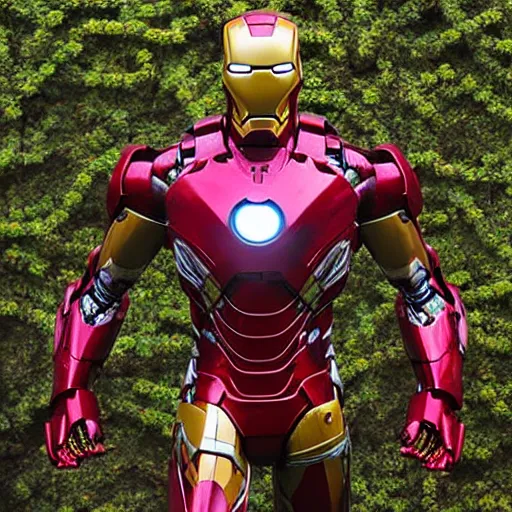 Image similar to abandoned iron man suit covered in vines, 4k realistic photo