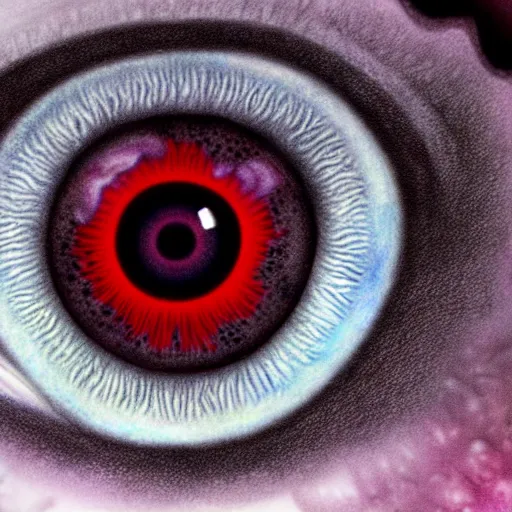 Image similar to a detailed extremely close up of inside the iris, cornea, red image, microscopic, extremely close up drawing by junji ito, cgsociety, generative art, lovecraftian, parallax, cosmic horror, extremely detailed, hyperrealism, unreal engine, octane render, award winning, masterpiece, highly detailed, realistic, 4 k, digital