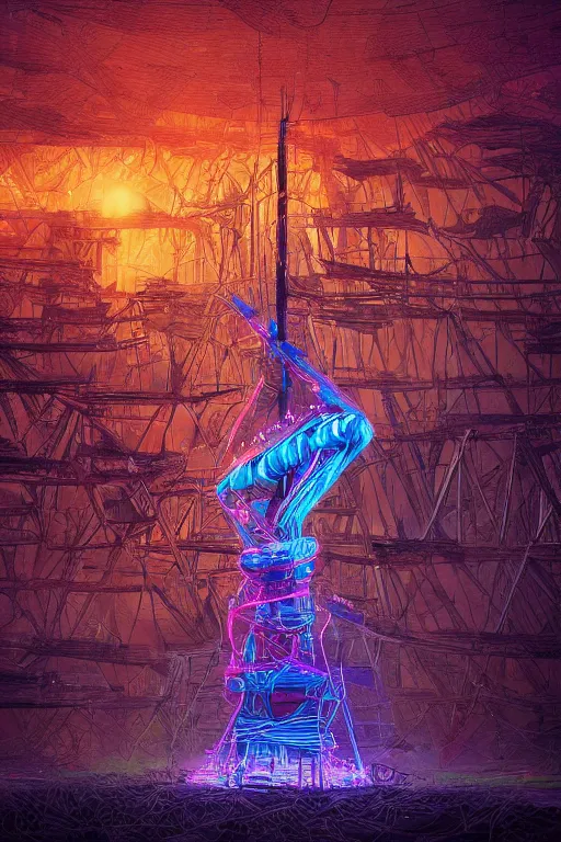 Image similar to a detailed digital neon illustration of the tall wooden burningman effigy in the style of dan mumford. maya render, greg rutkowski , psychedelic, fantasy, 8k, 3d render, intricate, symmetry, cinematic, hyper realism, high detail, 8k, iridescent accents