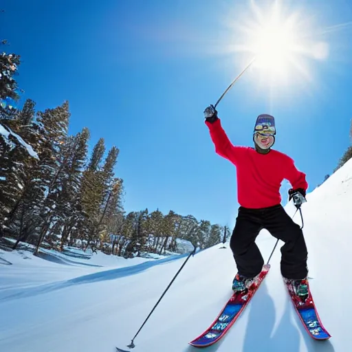 Image similar to shrek skiing, smiling, full body shot, cinematic lighting, studio quality