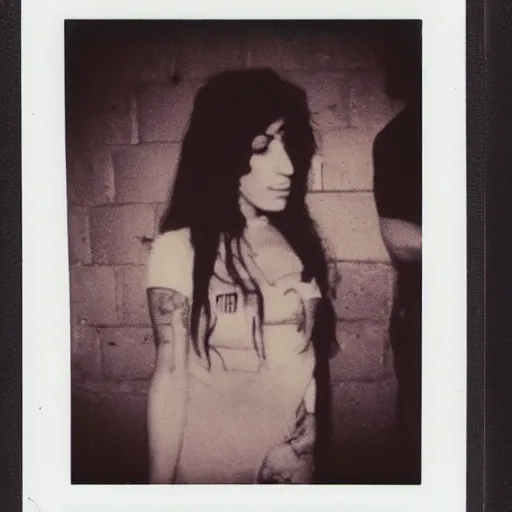 Image similar to a polaroid of amy winehouse in the east village at night, raining!