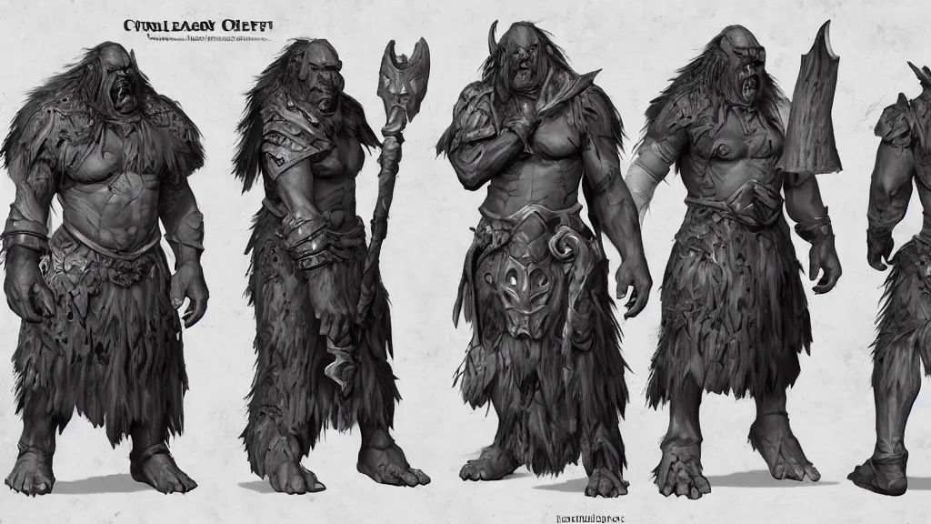 Image similar to a fantasy orc chieftain character design sheet, trending on artstation