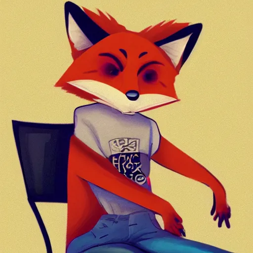 Prompt: an anthropomorphic fox wearing a t-shirt and jeans sitting on a couch, DeviantArt, Artstation, furry, furry, furry, furry, furry, anthro, anthropomorphic, furaffinity, cartoon, disney