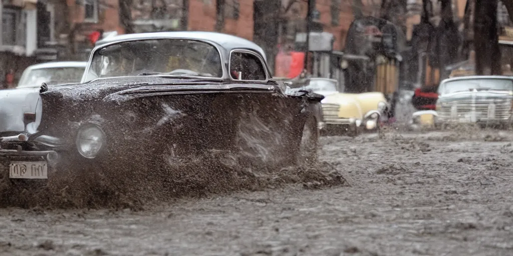 Prompt: street photography by saul leiter, in a muddy chicago high quality street, award winning photo of an ultra detailed dirty high quality vintage car speeding very fast on mud, fast shutter speed, motion blur, tiny gaussian blur, highly detailed, highly intricate, depth of field, trending on top gear