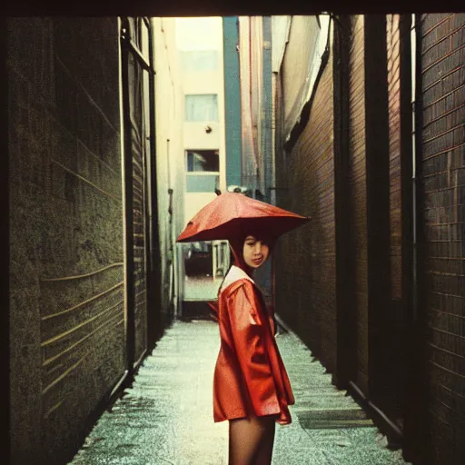 Image similar to 1990s perfect 8K HD professional cinematic photo of close-up japanese schoolgirl posing in sci-fi dystopian alleyway at morning during rain, at instagram, Behance, Adobe Lightroom, with instagram filters, depth of field, taken with polaroid kodak portra