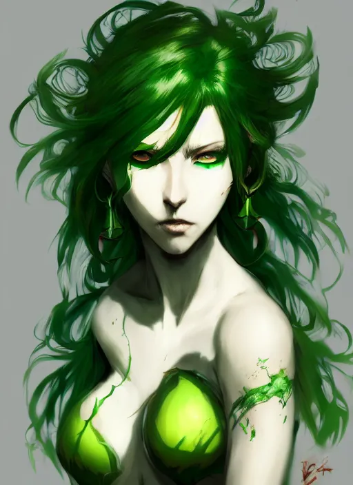 Prompt: Half body portrait of a beautiful dryad blood mage with green hair. In style of Yoji Shinkawa and Hyung-tae Kim, trending on ArtStation, dark fantasy, great composition, concept art, highly detailed.