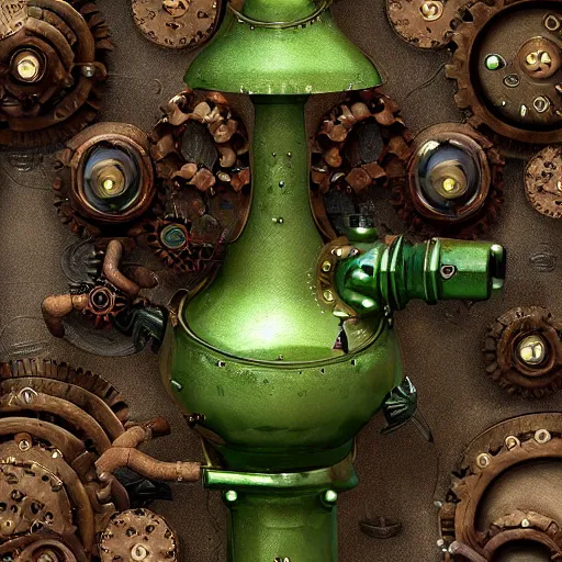 Prompt: steampunk device covered by ornamental green mold and mushrooms, fractal, manderblot, detailed, hyperrealistic, raytrace,