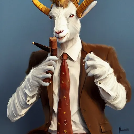 Image similar to award winning character art commission of an anthro furry humanoid goat smoking a cigar, three piece suit, character concept design, painting, detailed, vivid, trending on artstation, art by greg rutkowski