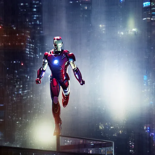 Image similar to a hyperdetailed photograph of a silver suit iron man flying through the skies of a cyberpunk, futuristic city, night, dense fog, rain, hd, 8 k resolution by greg rutowski, stanley artgerm, alphonse mucha