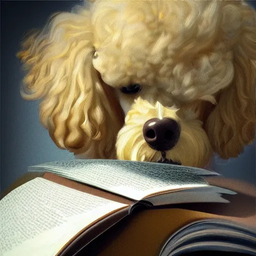 Prompt: “portrait of a poodle reading a book, artstation, high detailed”